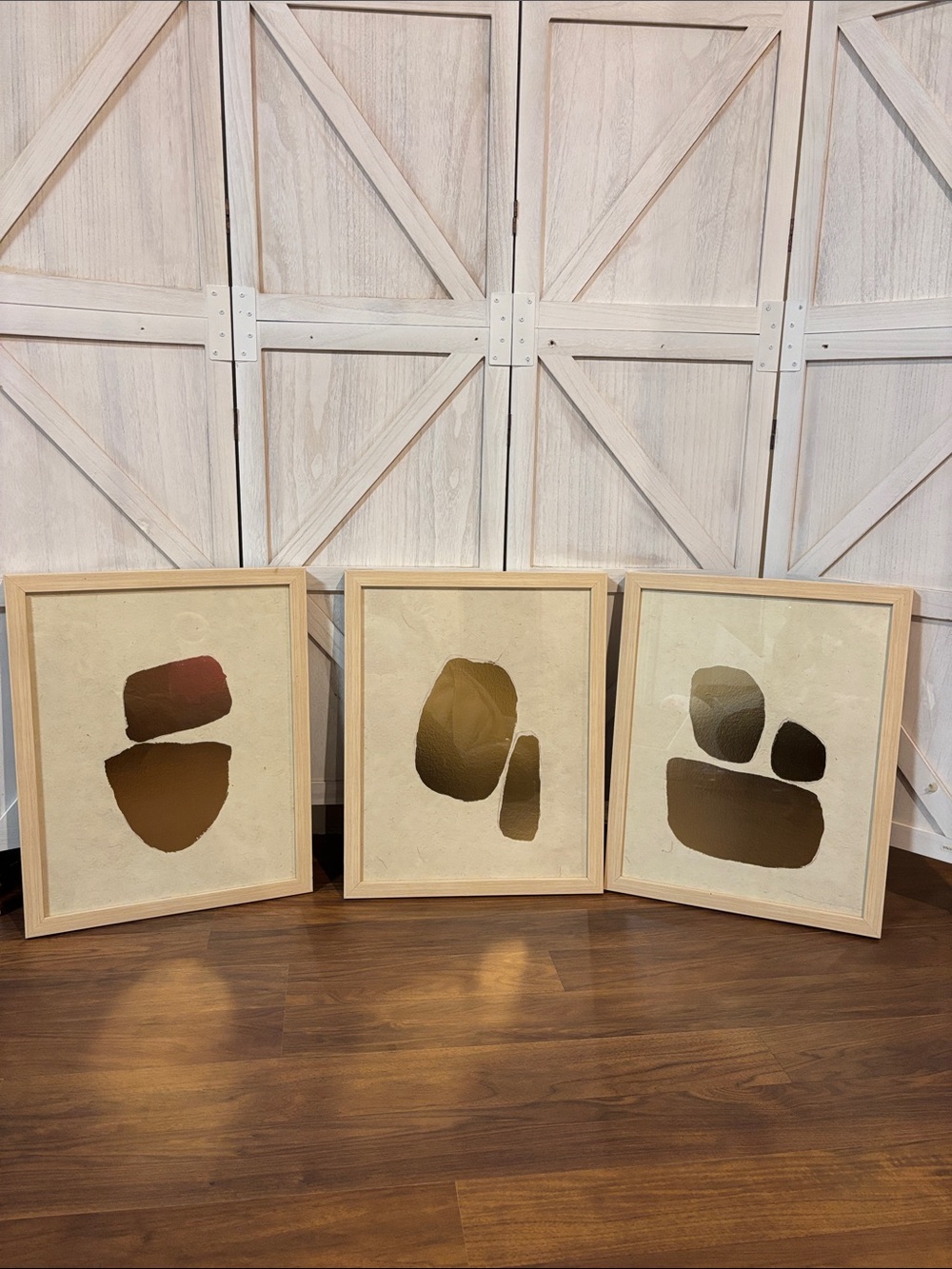 Set of 3 Minimalist Abstract Framed Prints in Brown and Cream
